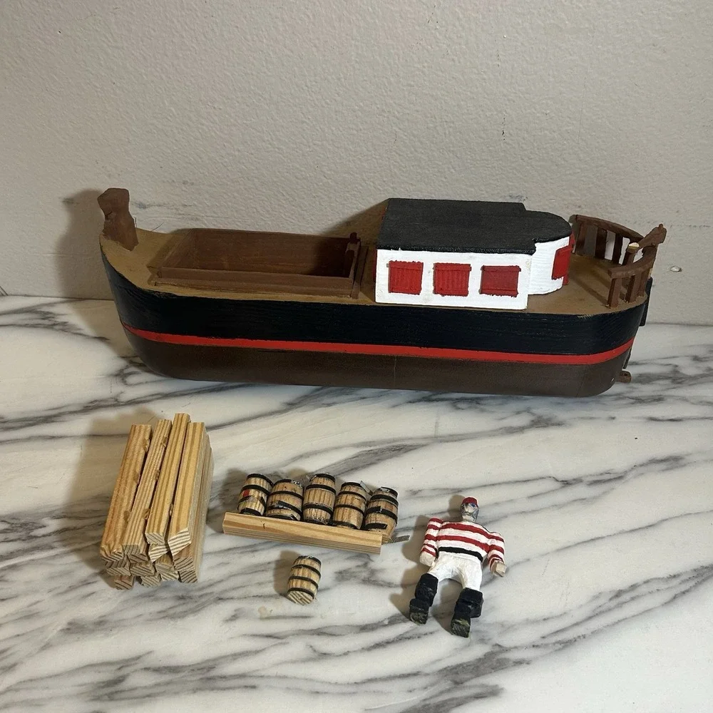 Handmade Vintage Freight Cargo Ship Boat Wooden‎ Toy W' Barrels Logs 15x5